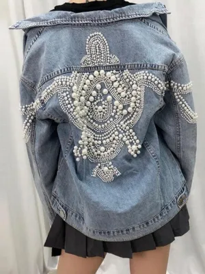 Vintage Denim Jackets More than 2,000 pearl studs inlaid loose coat boho style
