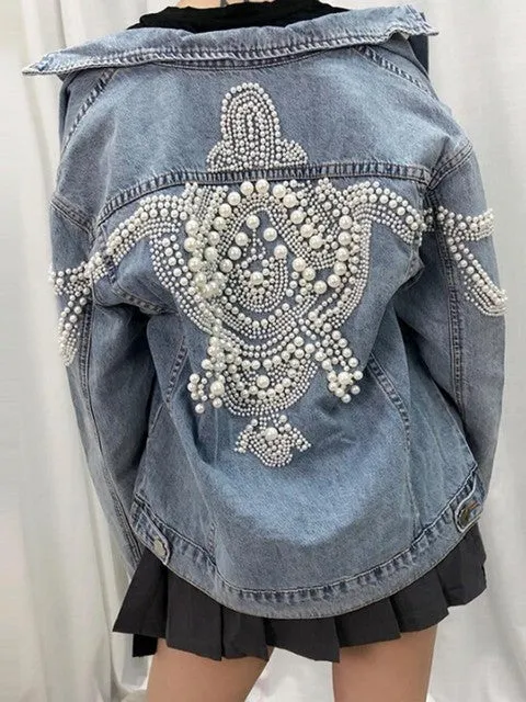 Vintage Denim Jackets More than 2,000 pearl studs inlaid loose coat boho style