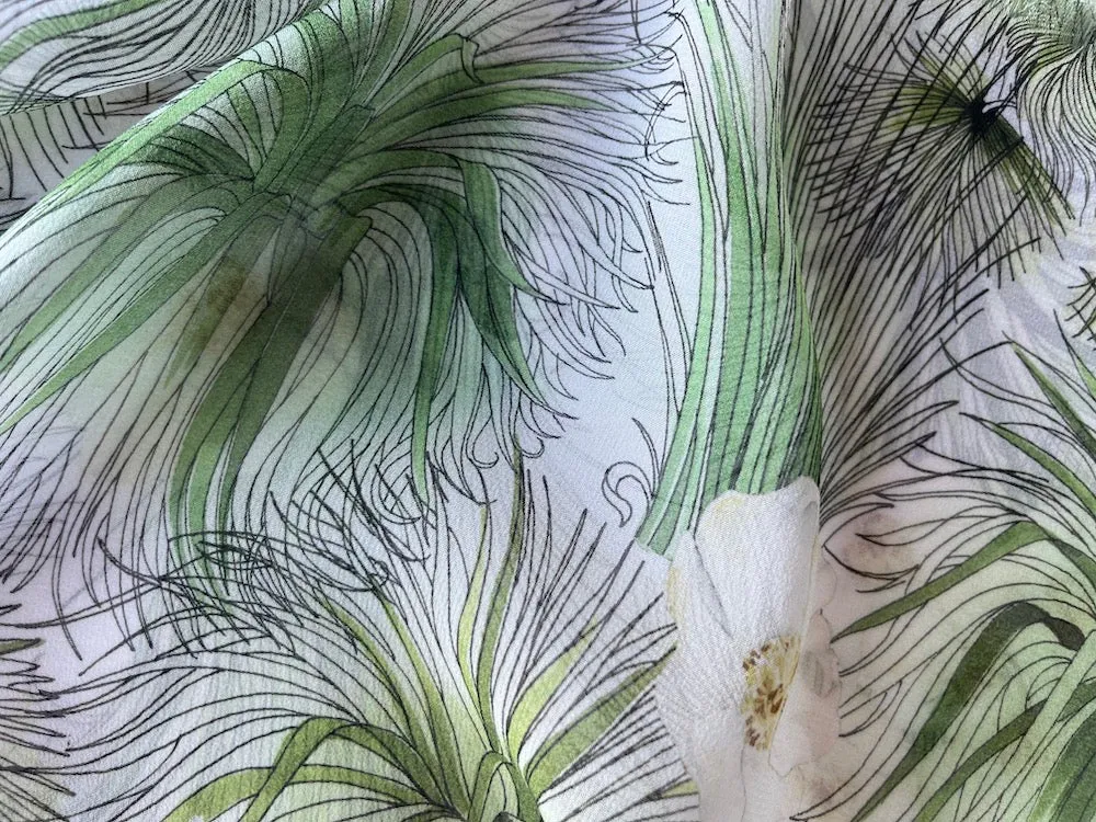 White Camellias & Dracaena Leaves Silk Chiffon (Made in Italy)