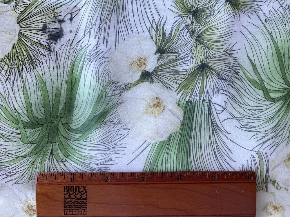 White Camellias & Dracaena Leaves Silk Chiffon (Made in Italy)