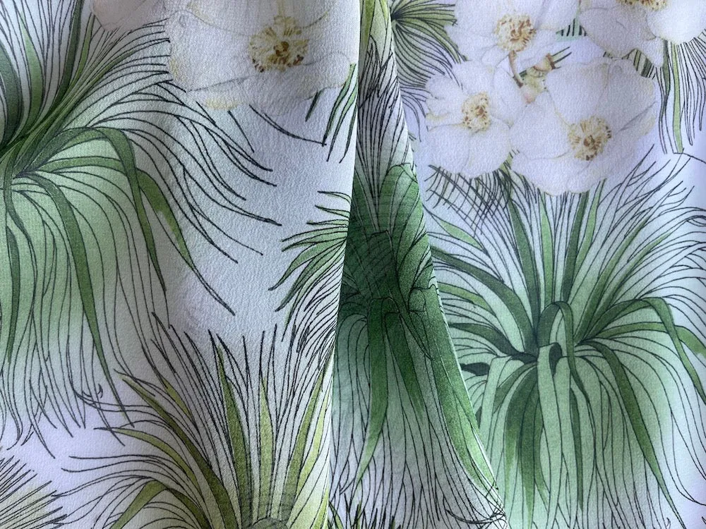 White Camellias & Dracaena Leaves Silk Chiffon (Made in Italy)