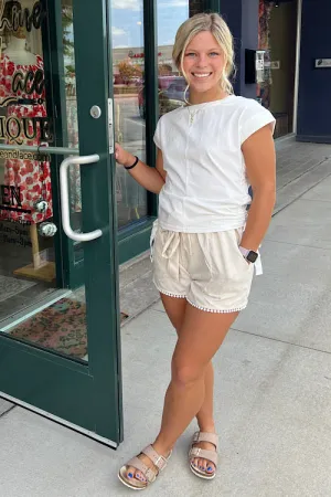 White Center Seamed Side Drawstring Cap Sleeve T-shirt
