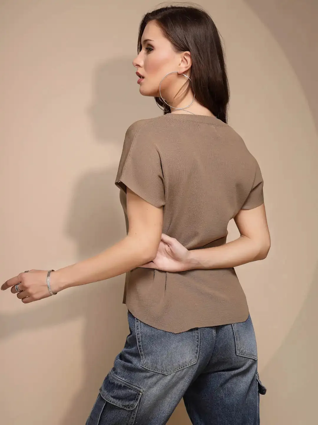 Women Solid Half Sleeve U-Neck Hip Length Top