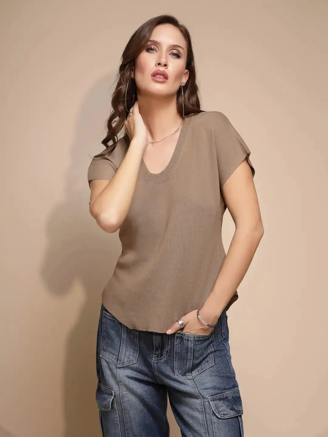 Women Solid Half Sleeve U-Neck Hip Length Top