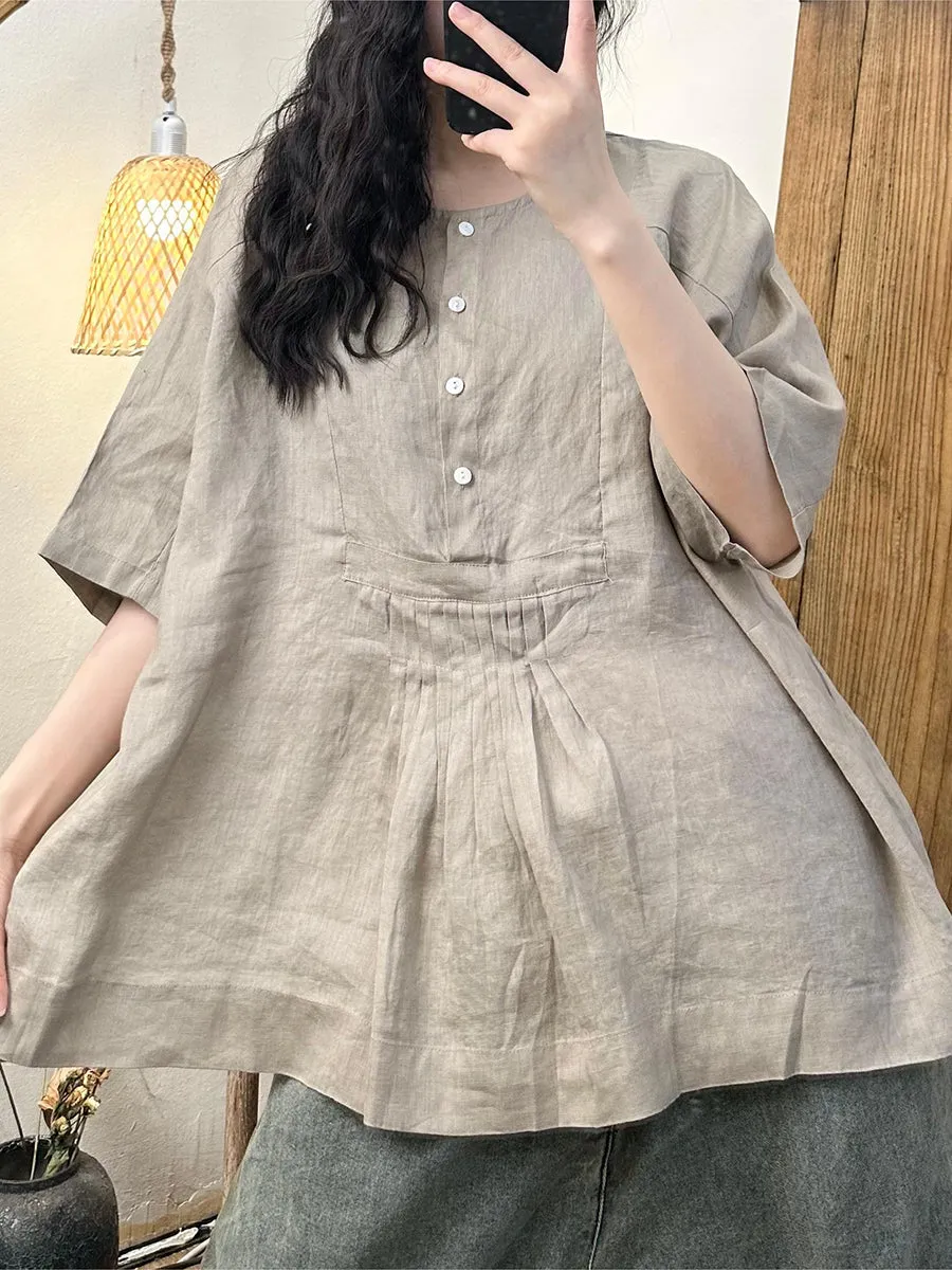 Women Summer Artsy Shirred Button Linen Loose Shirt CV1004