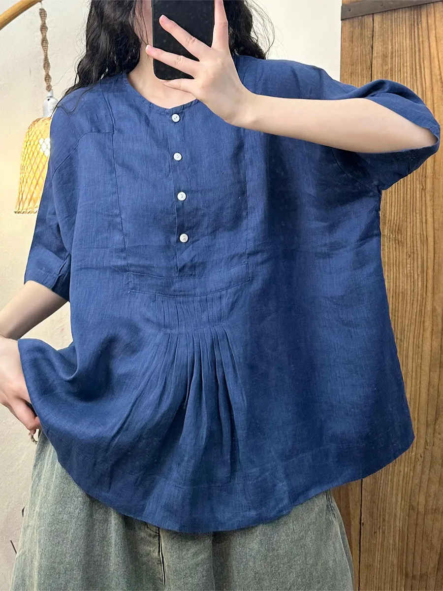 Women Summer Artsy Shirred Button Linen Loose Shirt CV1004