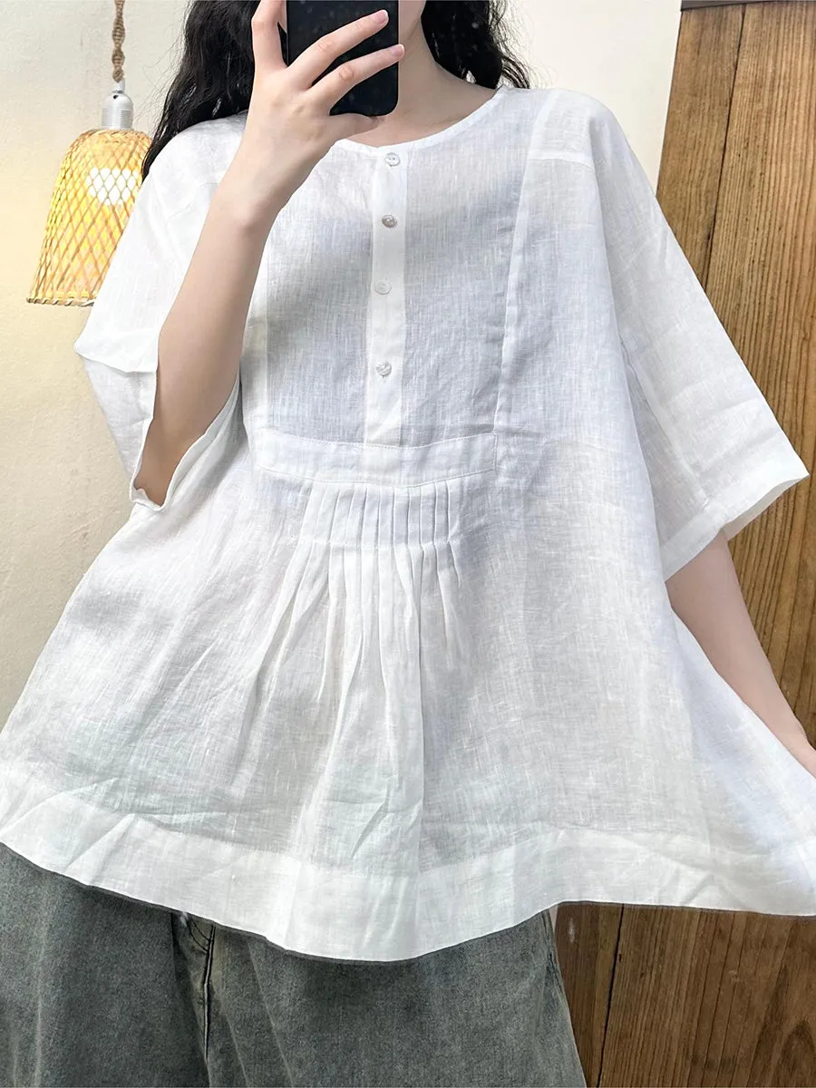 Women Summer Artsy Shirred Button Linen Loose Shirt CV1004