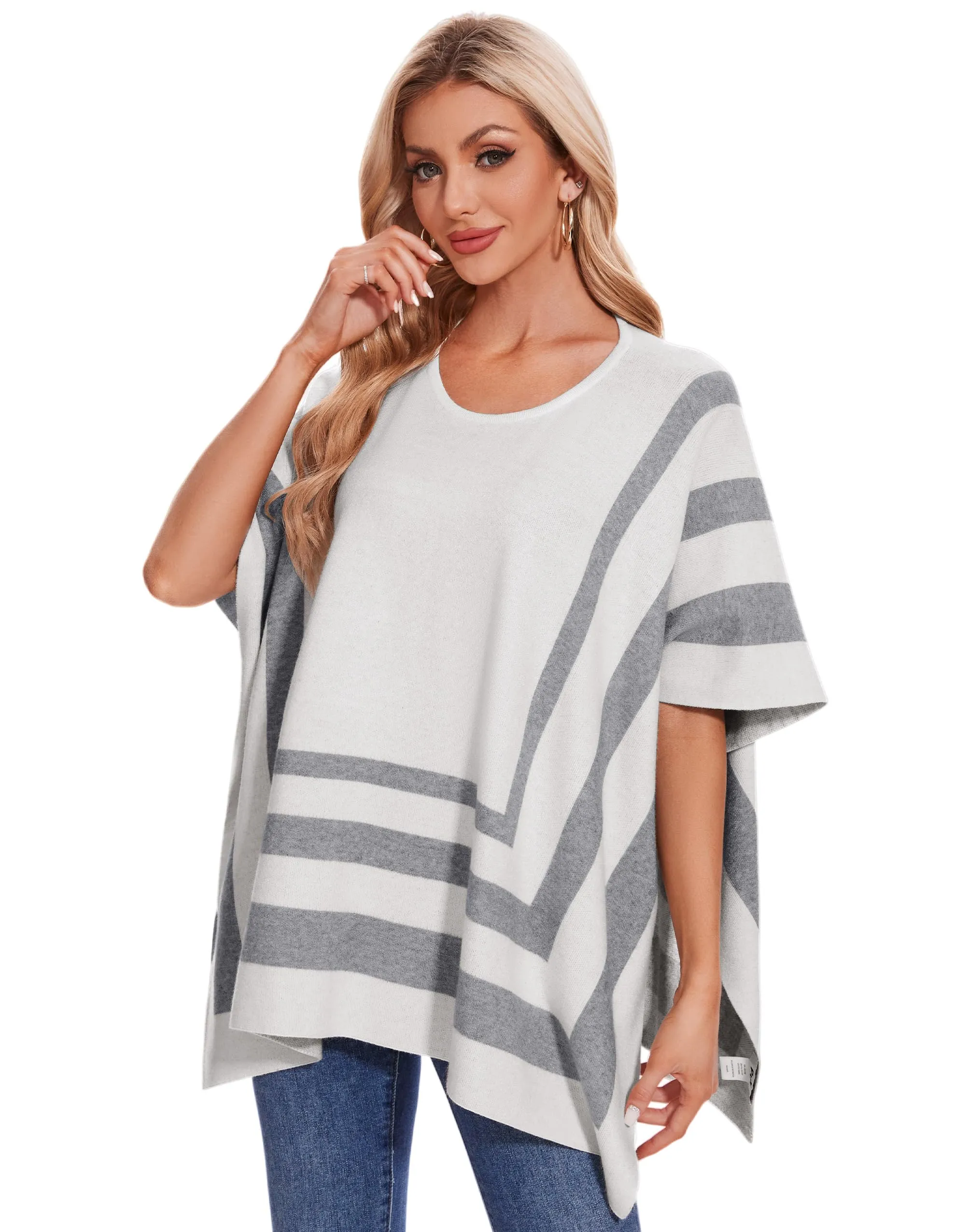 Womens Jacquard Pullover Ponchos Sweater Elegant Shawl Wraps Warm Travel Sweaters for Fall Winter