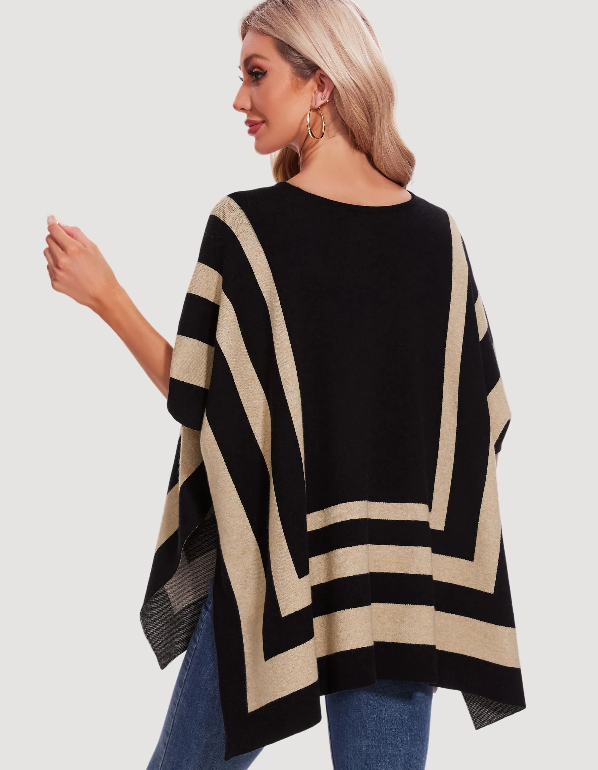 Womens Jacquard Pullover Ponchos Sweater Elegant Shawl Wraps Warm Travel Sweaters for Fall Winter
