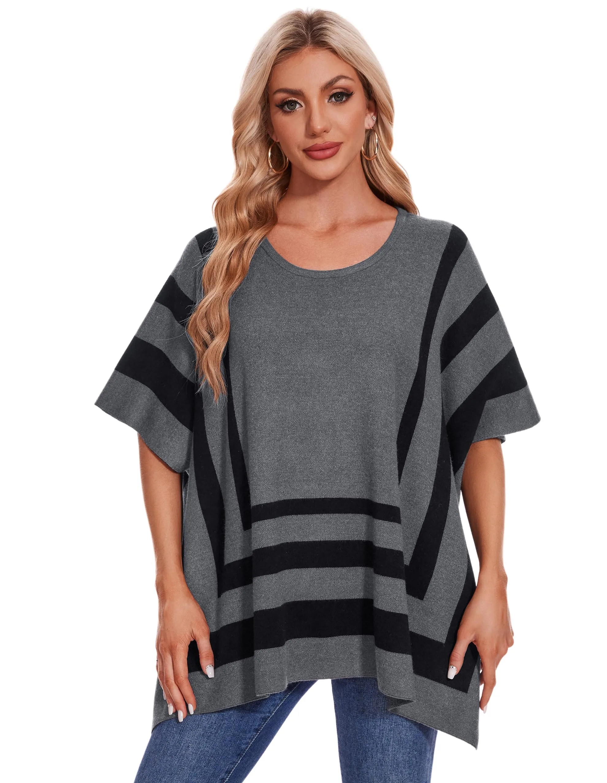 Womens Jacquard Pullover Ponchos Sweater Elegant Shawl Wraps Warm Travel Sweaters for Fall Winter