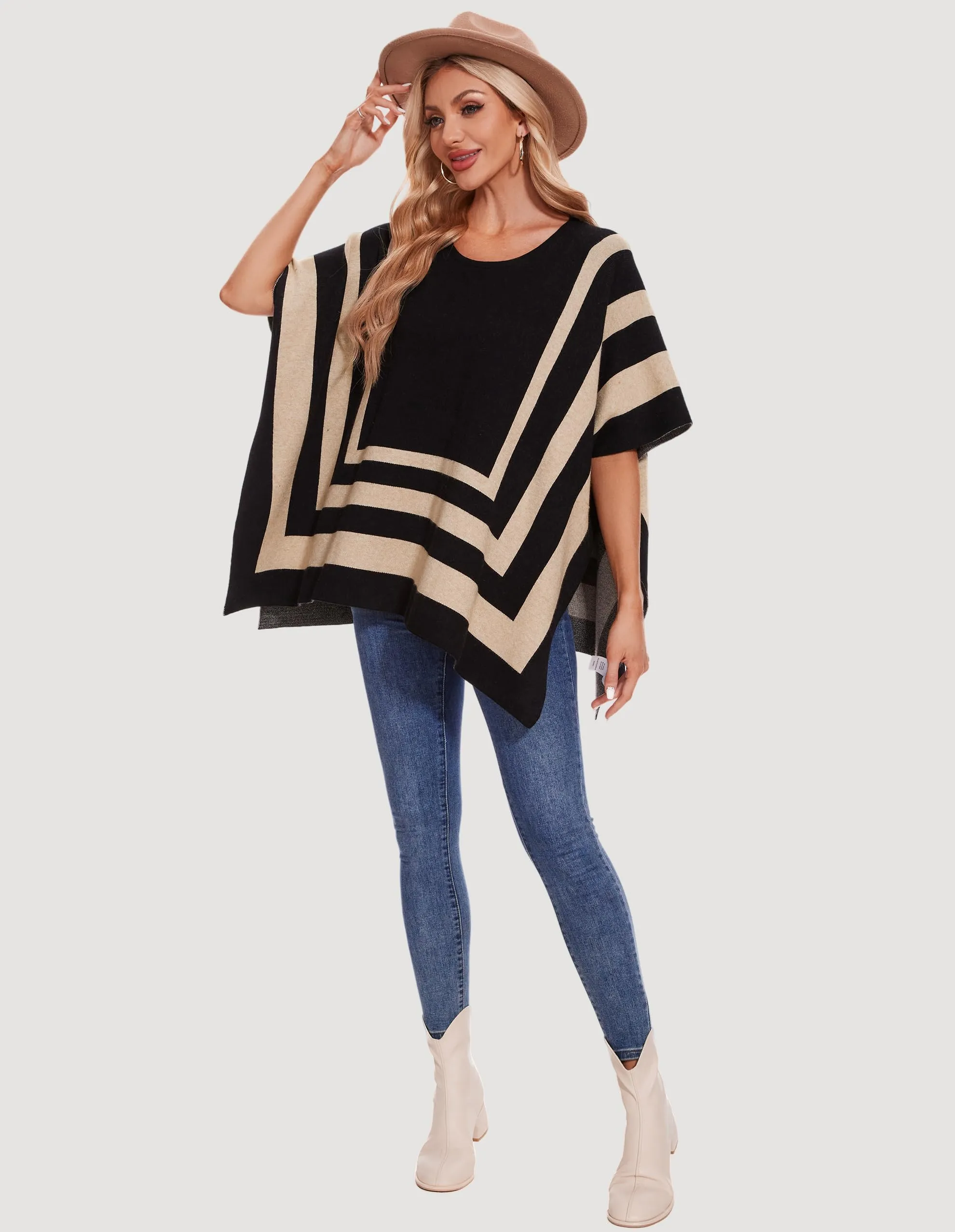 Womens Jacquard Pullover Ponchos Sweater Elegant Shawl Wraps Warm Travel Sweaters for Fall Winter