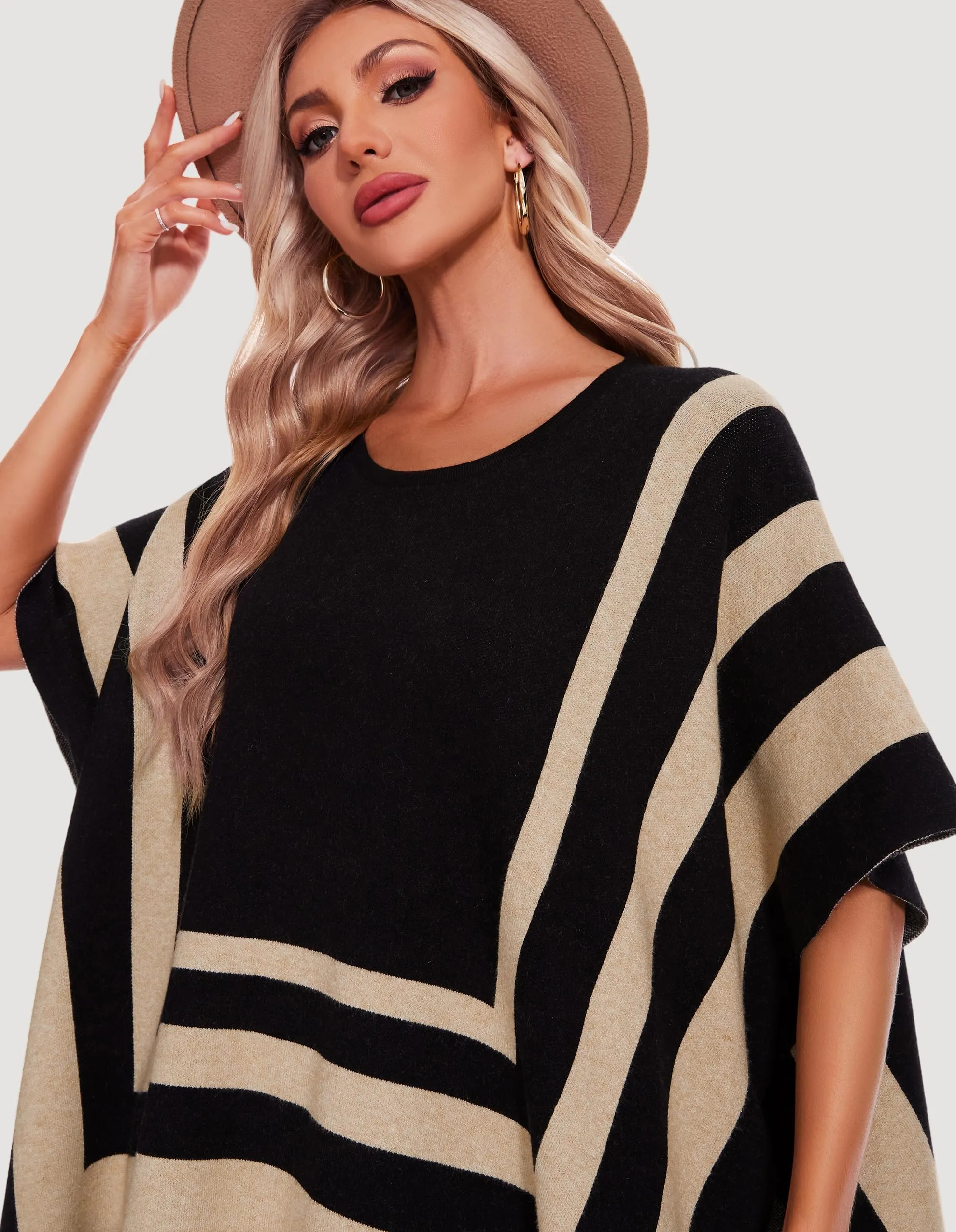 Womens Jacquard Pullover Ponchos Sweater Elegant Shawl Wraps Warm Travel Sweaters for Fall Winter