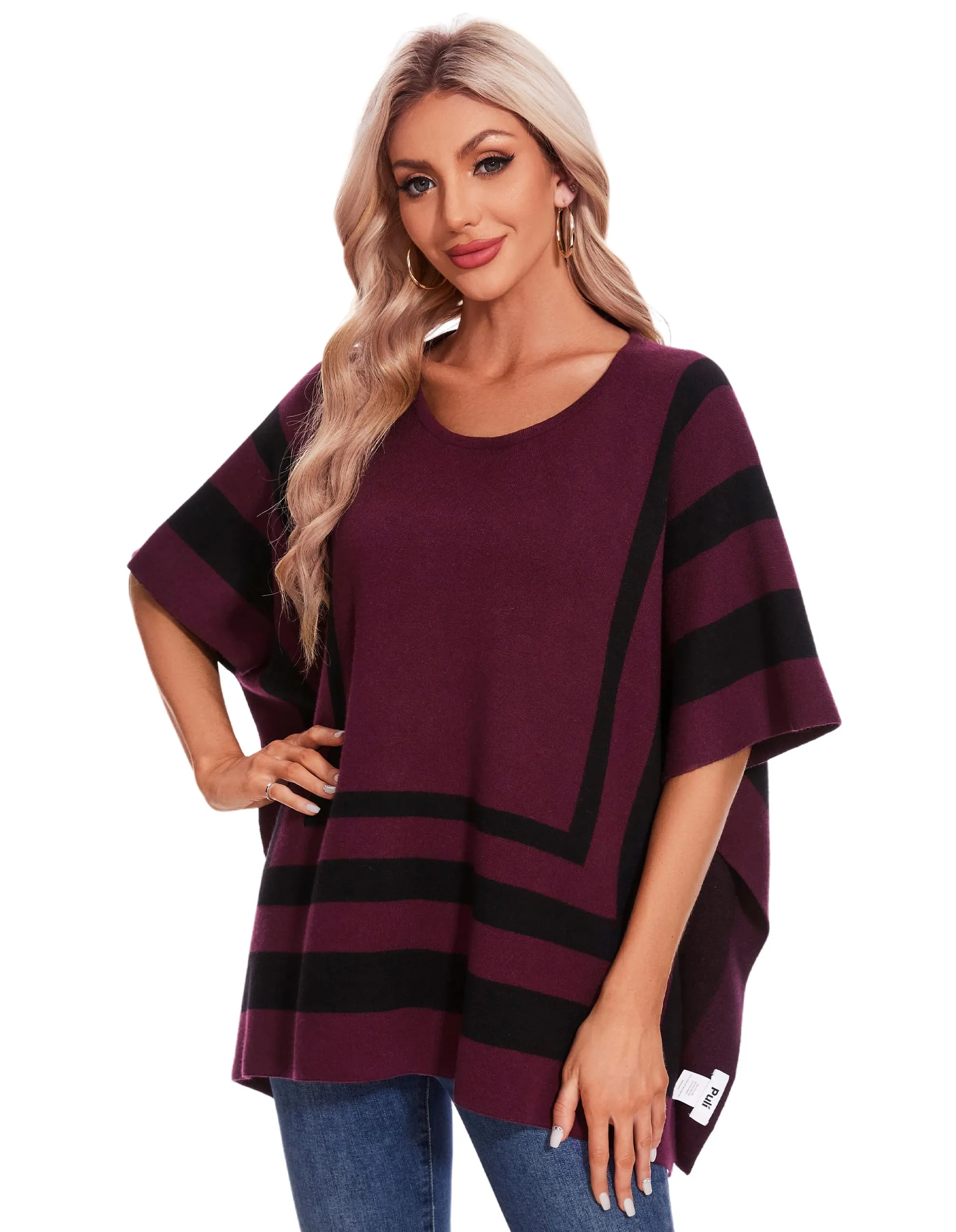 Womens Jacquard Pullover Ponchos Sweater Elegant Shawl Wraps Warm Travel Sweaters for Fall Winter