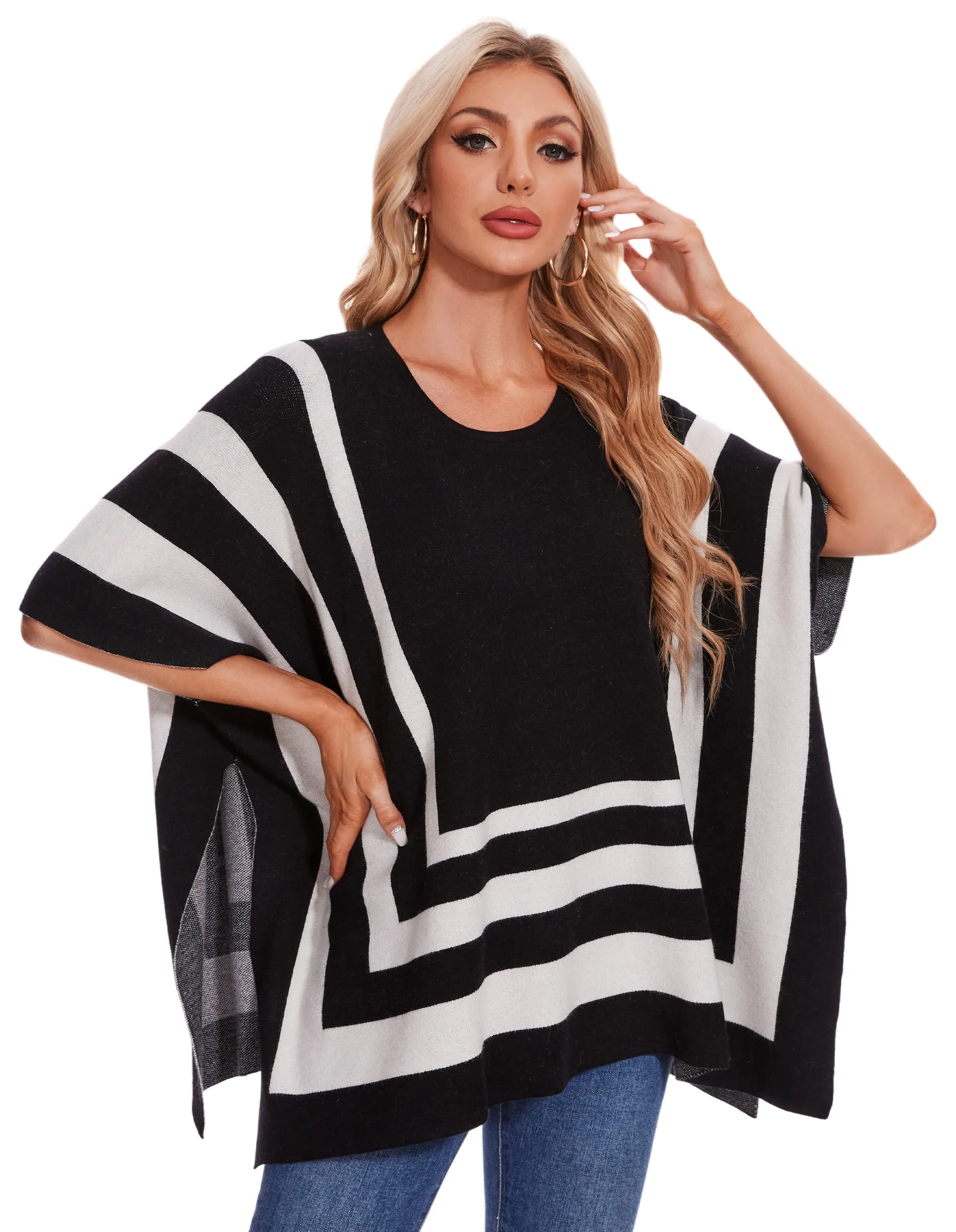Womens Jacquard Pullover Ponchos Sweater Elegant Shawl Wraps Warm Travel Sweaters for Fall Winter