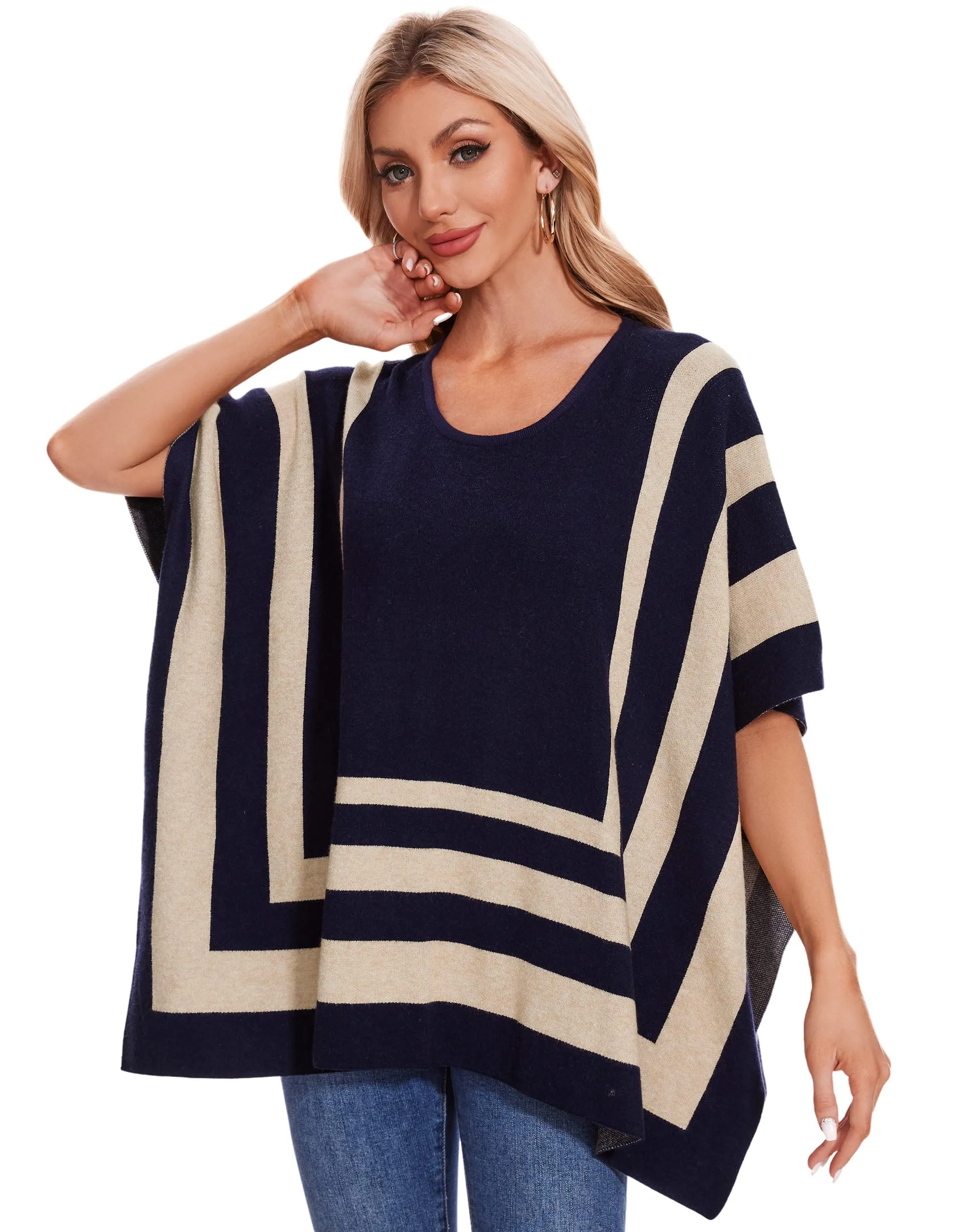 Womens Jacquard Pullover Ponchos Sweater Elegant Shawl Wraps Warm Travel Sweaters for Fall Winter