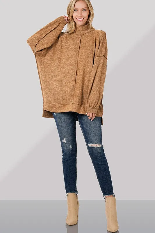 Zenana Brushed Melange Hacci Mock Neck Sweater