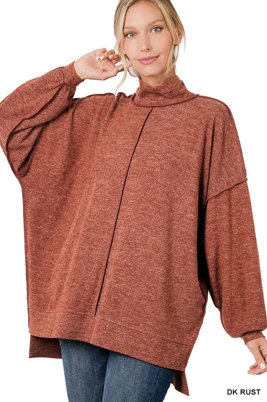 Zenana Brushed Melange Hacci Mock Neck Sweater