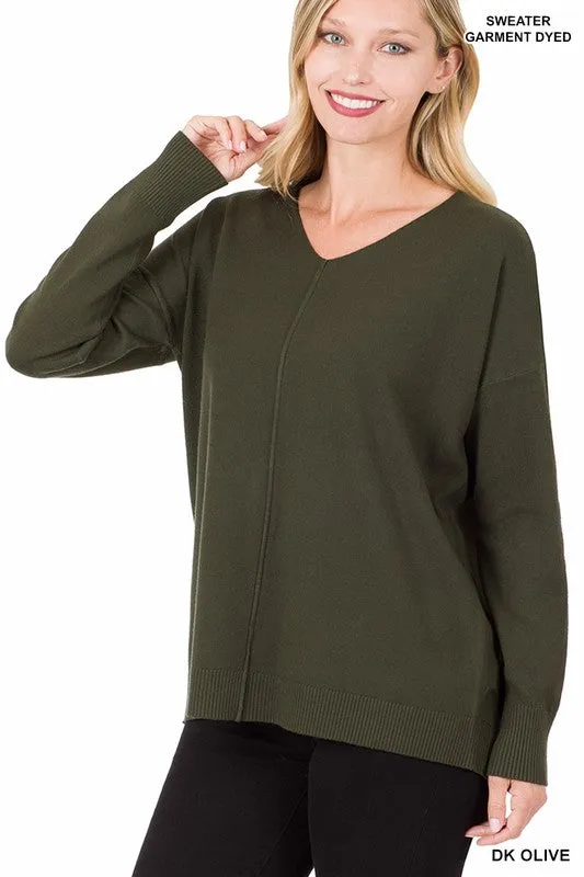 Zenana Dyed V-Neck Front Seam Sweater