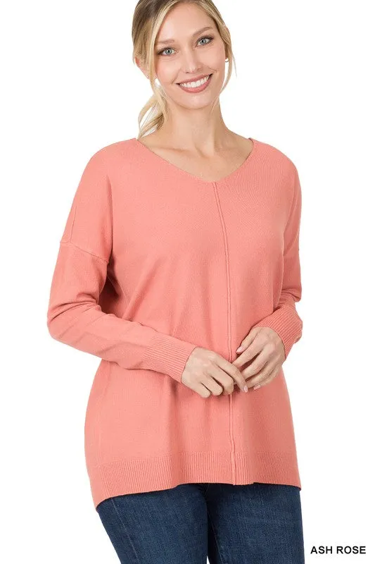 Zenana Dyed V-Neck Front Seam Sweater