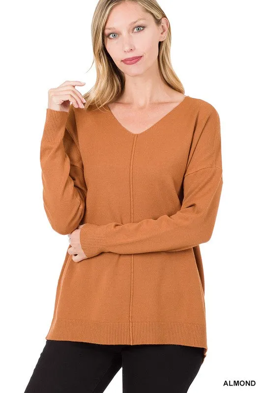 Zenana Dyed V-Neck Front Seam Sweater
