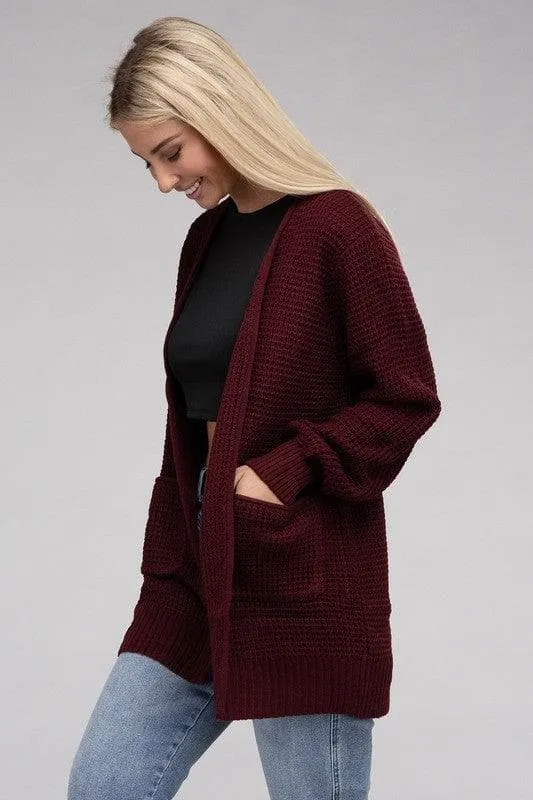 Zenana Low Gauge Waffle Open Cardigan Sweater